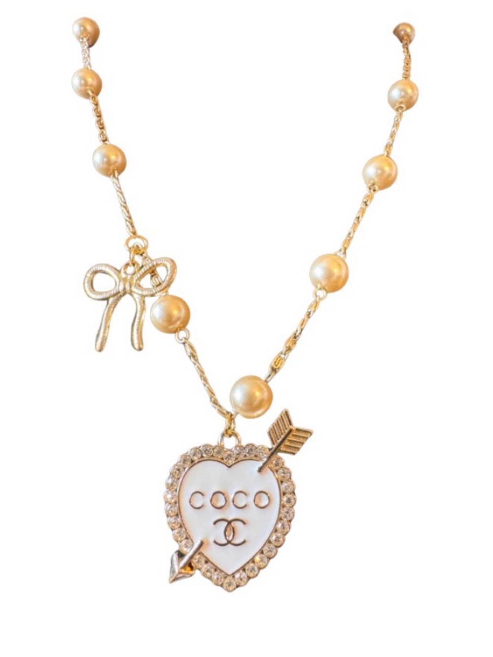 Stamped Chanel COCO Heart on pearls upcycled